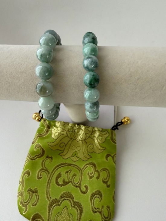 Authentic 2 Pieces Icy Floating Green Jade Beaded Bracelets - Picture 6 of 12